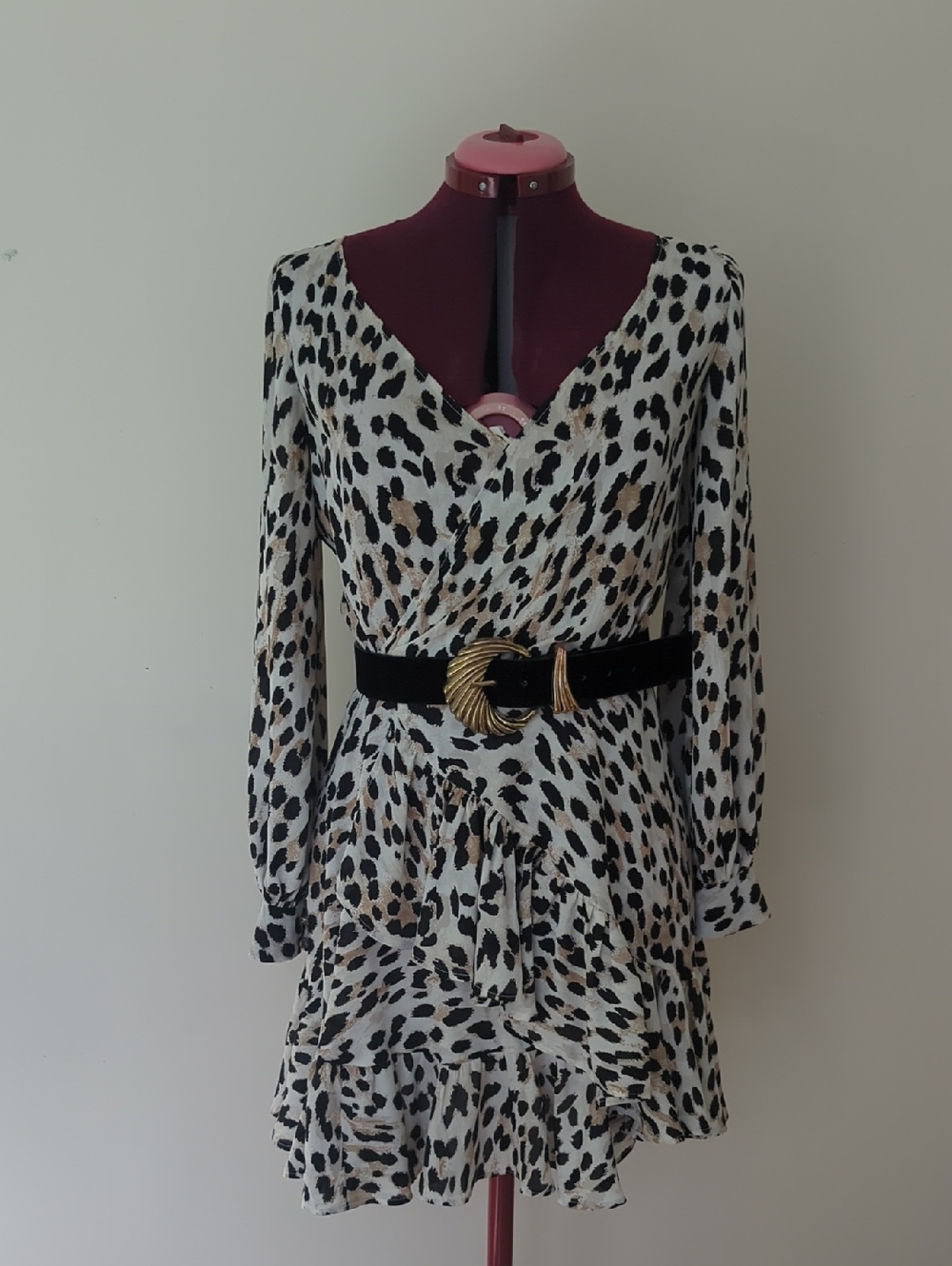 Leopard Print V-Neck Tiered Mini Dress with Black Belt